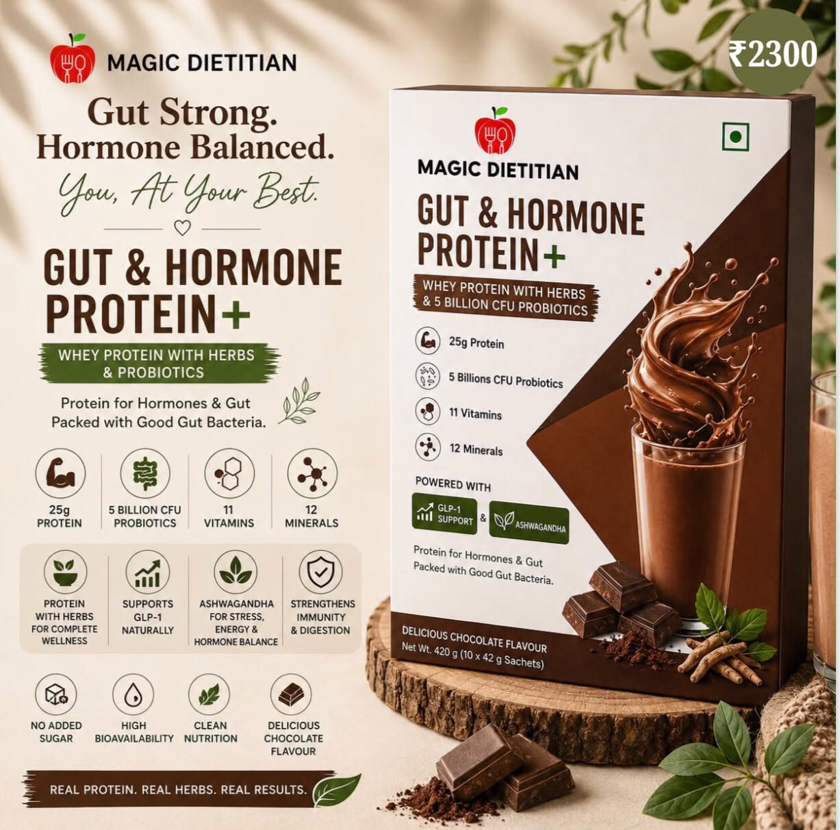 Magic Dietitian Gut & Hormone Protein+ chocolate whey protein with herbs and probiotics, 420 g box